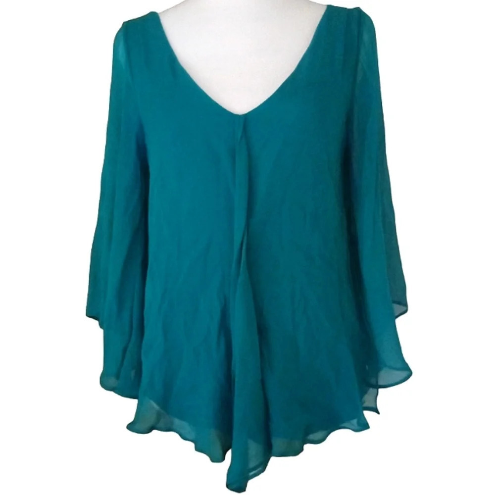 Matty M Teal Flowy Drape Front 100% Silk Blouse Made in USA Size XS